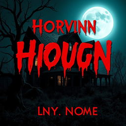 A chilling book cover design for a horror novel, featuring a decrepit old house looming under a full moon, shadows creeping across the overgrown yard