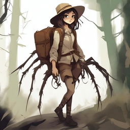 A high-quality digital art piece featuring an arachnid girl traveler, with four spider legs growing out of her back