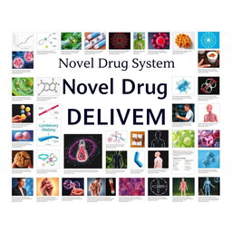 A comprehensive cover page design for a novel drug delivery system, resembling an encyclopedia layout filled with various images