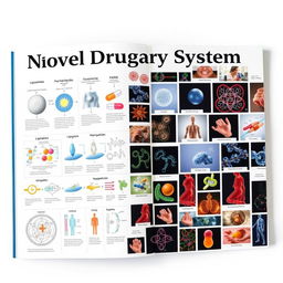 A comprehensive cover page design for a novel drug delivery system, resembling an encyclopedia layout filled with various images