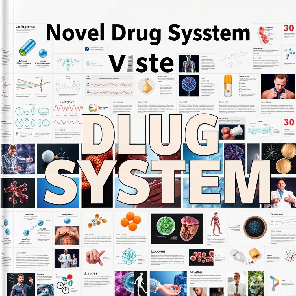 A comprehensive cover page design for a novel drug delivery system, resembling an encyclopedia layout filled with various images