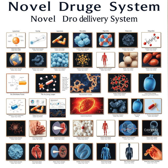 A comprehensive cover page design for a novel drug delivery system, resembling an encyclopedia layout filled with various images