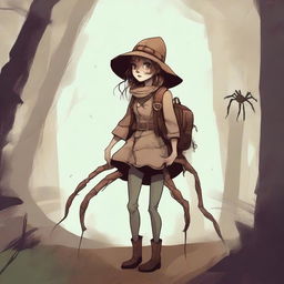 A high-quality digital art piece featuring an arachnid girl traveler, with four spider legs growing out of her back