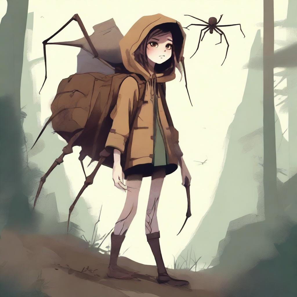 A high-quality digital art piece featuring an arachnid girl traveler, with four spider legs growing out of her back