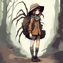 A high-quality digital art piece featuring an arachnid girl traveler, with four spider legs growing out of her back