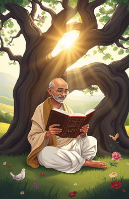 An illustrated representation of Mahatma Gandhi peacefully reading the Bhagavad Gita under a large, ancient tree in a serene, natural landscape