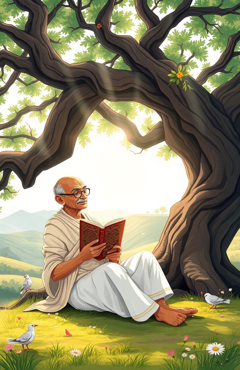 An illustrated representation of Mahatma Gandhi peacefully reading the Bhagavad Gita under a large, ancient tree in a serene, natural landscape