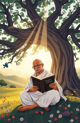 An illustrated representation of Mahatma Gandhi peacefully reading the Bhagavad Gita under a large, ancient tree in a serene, natural landscape