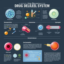 An informative and visually rich encyclopedia entry about a novel drug delivery system, featuring various high-quality diagrams, illustrations, and detailed visual representations of the drug delivery mechanisms, including nanoparticles, liposomes, microneedles, and hydrogels