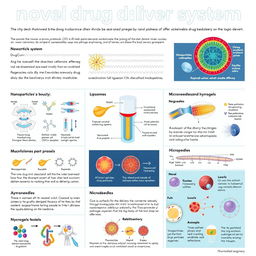 An informative and visually rich encyclopedia entry about a novel drug delivery system, featuring various high-quality diagrams, illustrations, and detailed visual representations of the drug delivery mechanisms, including nanoparticles, liposomes, microneedles, and hydrogels