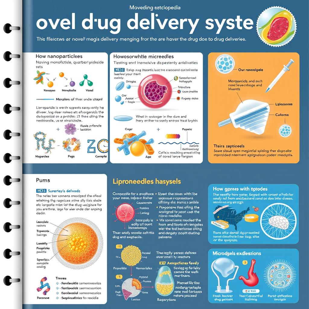 An informative and visually rich encyclopedia entry about a novel drug delivery system, featuring various high-quality diagrams, illustrations, and detailed visual representations of the drug delivery mechanisms, including nanoparticles, liposomes, microneedles, and hydrogels