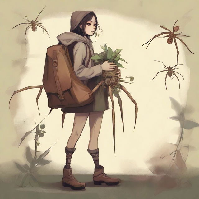 This is a digital art image of an arachnid girl who is a traveler and a gatherer