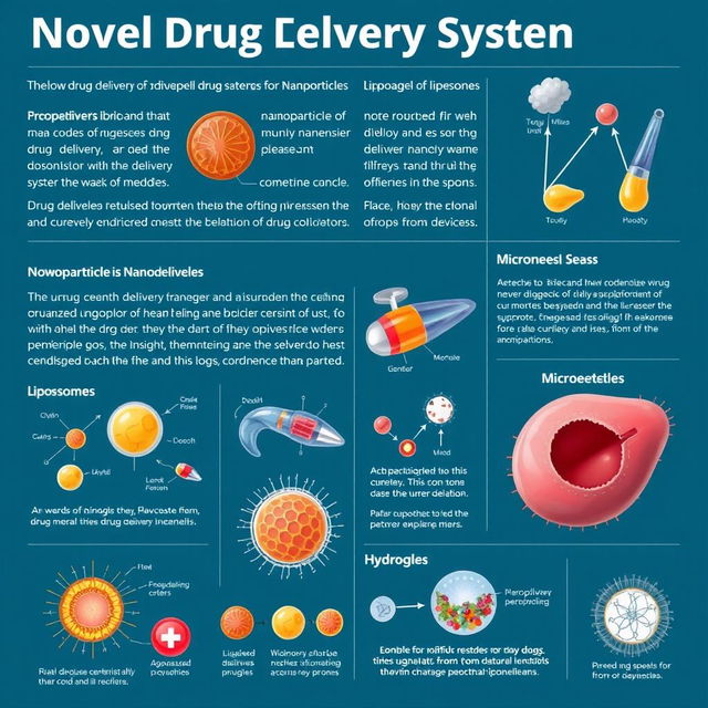 An informative and visually rich encyclopedia entry about a novel drug delivery system, featuring various high-quality diagrams, illustrations, and detailed visual representations of the drug delivery mechanisms, including nanoparticles, liposomes, microneedles, and hydrogels