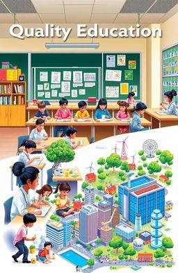 A vibrant and engaging classroom scene representing quality education, featuring diverse students of different backgrounds eagerly participating in interactive learning activities