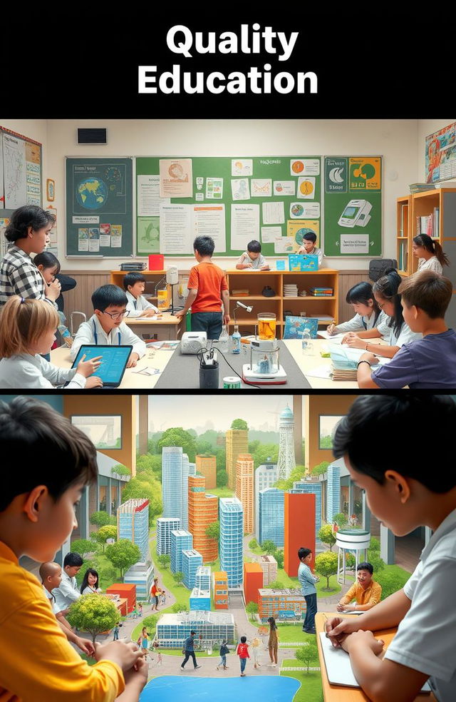 A vibrant and engaging classroom scene representing quality education, featuring diverse students of different backgrounds eagerly participating in interactive learning activities