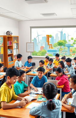 A vibrant and engaging classroom scene representing quality education, featuring diverse students of different backgrounds eagerly participating in interactive learning activities