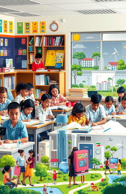 A vibrant and engaging classroom scene representing quality education, featuring diverse students of different backgrounds eagerly participating in interactive learning activities