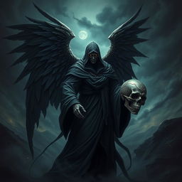 A striking and sinister angel figure representing the service of a death god, with dark, flowing robes and large, ominous wings