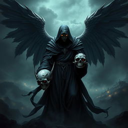 A striking and sinister angel figure representing the service of a death god, with dark, flowing robes and large, ominous wings