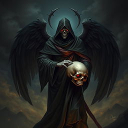 A striking and sinister angel figure representing the service of a death god, with dark, flowing robes and large, ominous wings