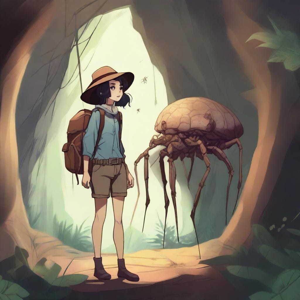 A high-quality digital art piece featuring an arachnid girl traveler and gatherer with four spider legs, situated in a well-lit cave