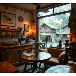 A vintage cozy coffee shop interior set in the Gampong village of Jogjakarta, Indonesia