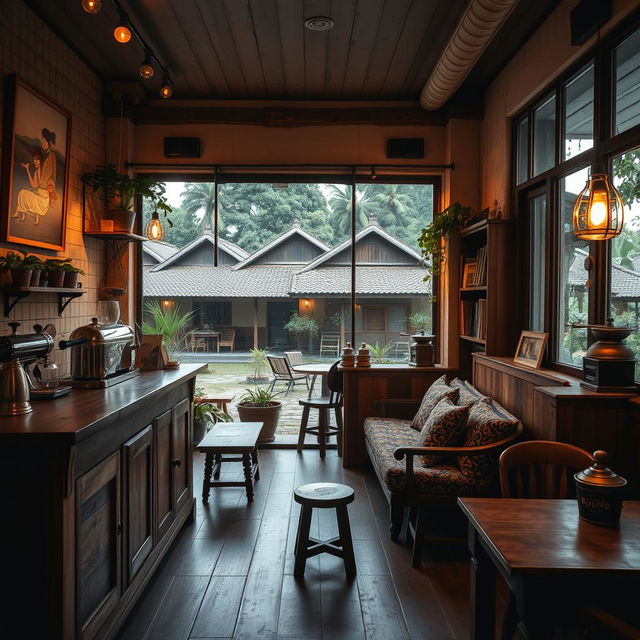 A vintage cozy coffee shop interior set in the Gampong village of Jogjakarta, Indonesia