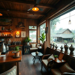 A vintage cozy coffee shop interior set in the Gampong village of Jogjakarta, Indonesia