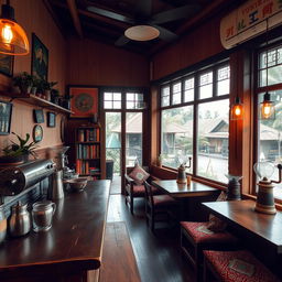 A vintage cozy coffee shop interior set in the Gampong village of Jogjakarta, Indonesia