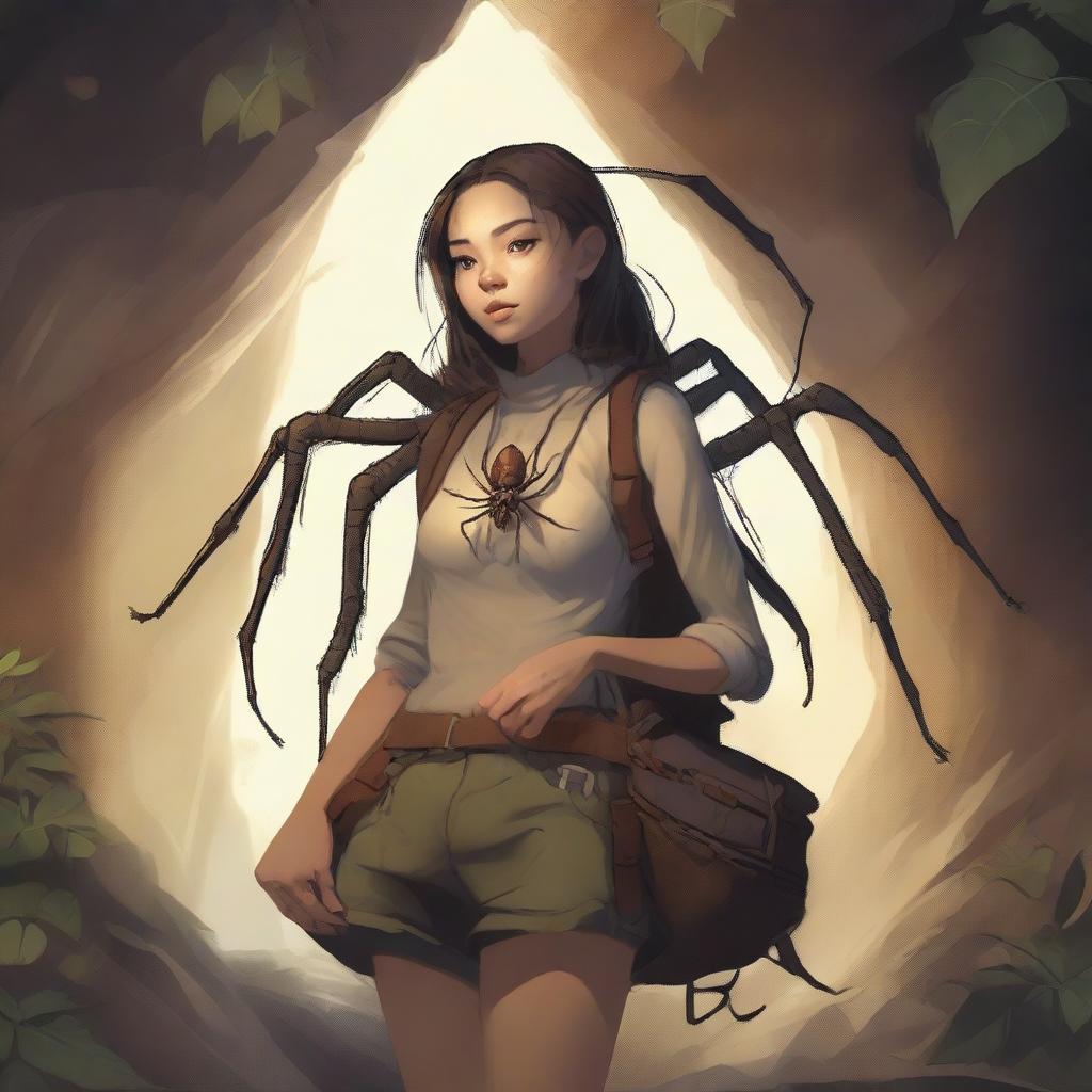 A high-quality digital art piece featuring an arachnid girl traveler and gatherer with four spider legs, situated in a well-lit cave