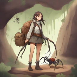 A high-quality digital art piece featuring an arachnid girl traveler and gatherer with four spider legs, situated in a well-lit cave