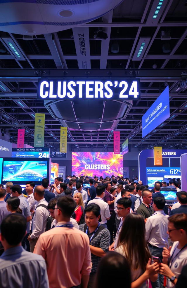 A futuristic conference setting titled 'CLUSTERS'24', showcasing diverse attendees engaged in vibrant discussions