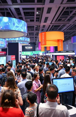 A futuristic conference setting titled 'CLUSTERS'24', showcasing diverse attendees engaged in vibrant discussions