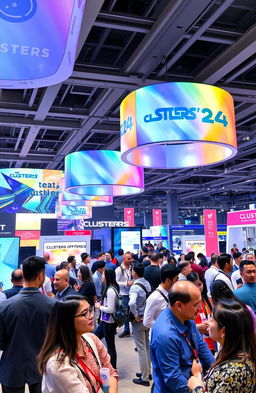 A futuristic conference setting titled 'CLUSTERS'24', showcasing diverse attendees engaged in vibrant discussions