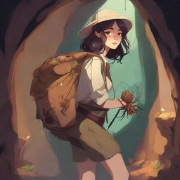 A high-quality digital art piece featuring an arachnid girl traveler and gatherer with four spider legs, situated in a well-lit cave