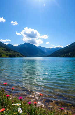 A breathtaking mystical lake surrounded by lush greenery under a bright blue sky