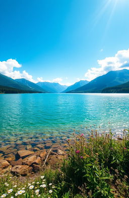 A breathtaking mystical lake surrounded by lush greenery under a bright blue sky