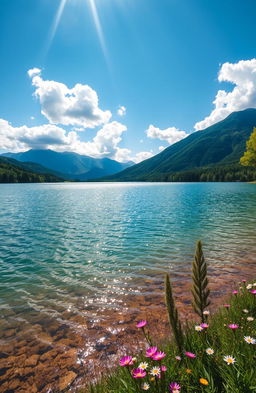 A breathtaking mystical lake surrounded by lush greenery under a bright blue sky