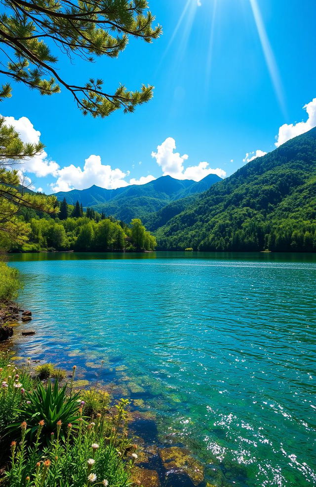 A breathtaking mystical lake surrounded by lush greenery under a bright blue sky