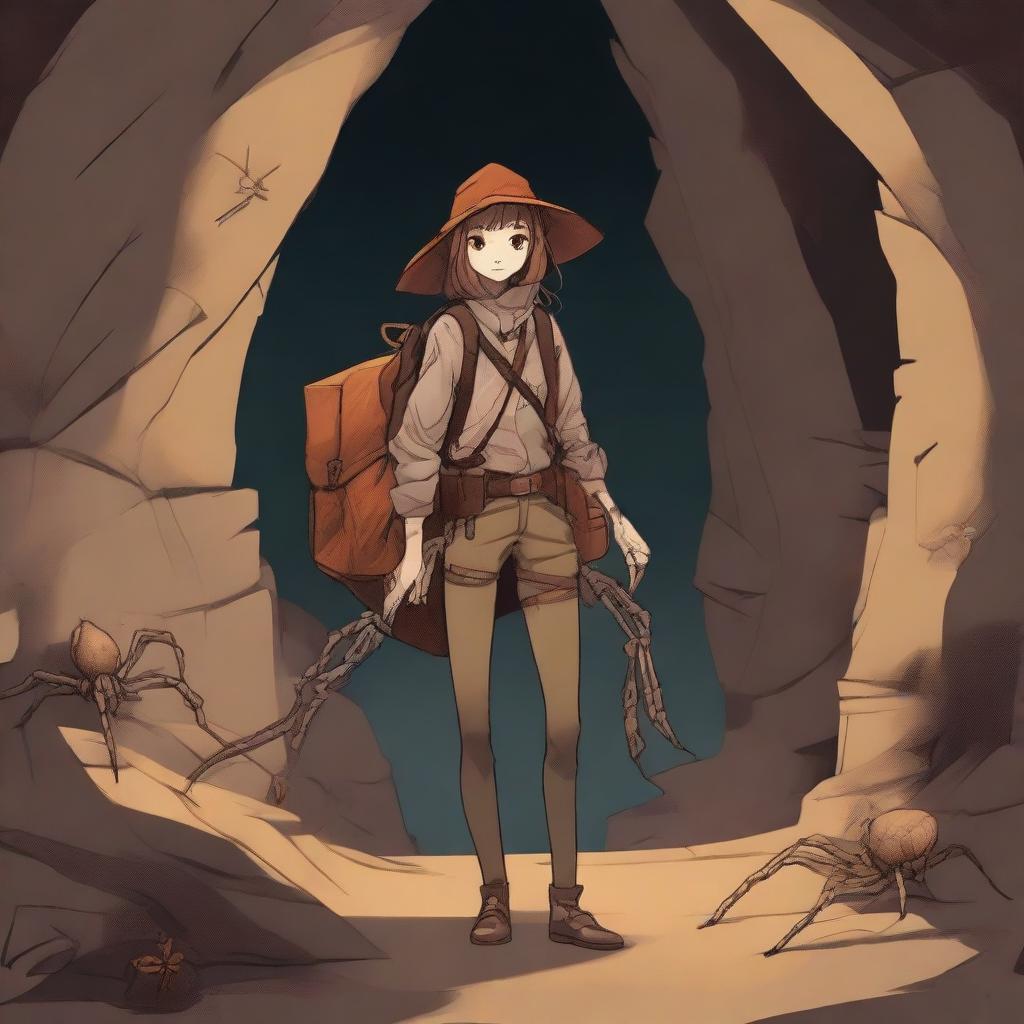 A high-quality digital art image showcasing an arachnid girl traveler and gatherer, with four spider legs, in a cave