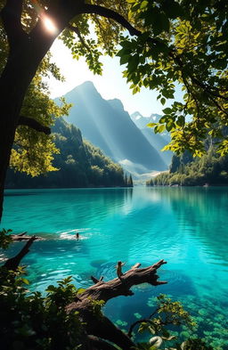 A breathtaking, magical lake surrounded by lush, vibrant greenery, with crystal clear turquoise waters that shimmer under the sun