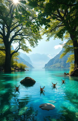 A breathtaking, magical lake surrounded by lush, vibrant greenery, with crystal clear turquoise waters that shimmer under the sun