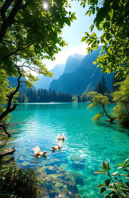 A breathtaking, magical lake surrounded by lush, vibrant greenery, with crystal clear turquoise waters that shimmer under the sun