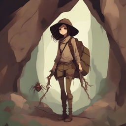 A high-quality digital art image showcasing an arachnid girl traveler and gatherer, with four spider legs, in a cave