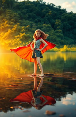 A serene lake surrounded by lush greenery, with a heroic girl figure standing confidently at the water's edge