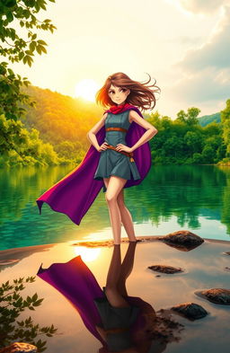 A serene lake surrounded by lush greenery, with a heroic girl figure standing confidently at the water's edge
