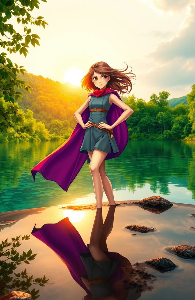 A serene lake surrounded by lush greenery, with a heroic girl figure standing confidently at the water's edge