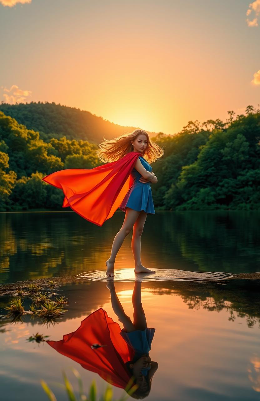 A serene lake surrounded by lush greenery, with a heroic girl figure standing confidently at the water's edge