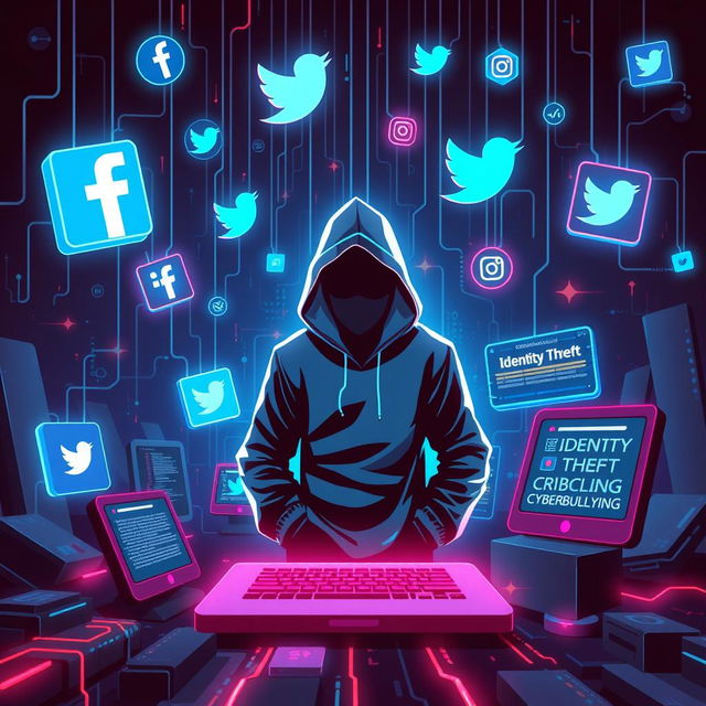 A visually striking illustration representing the concept of social media crime, featuring a futuristic digital landscape with floating social media icons like Facebook, Twitter, and Instagram