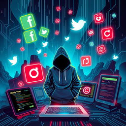 A visually striking illustration representing the concept of social media crime, featuring a futuristic digital landscape with floating social media icons like Facebook, Twitter, and Instagram